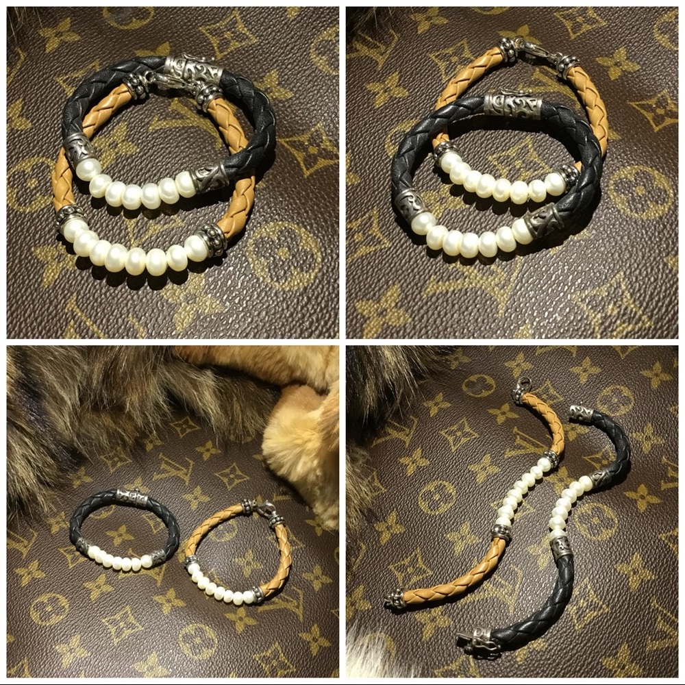 One Set of Woven Leather Real Pearl Bracelets